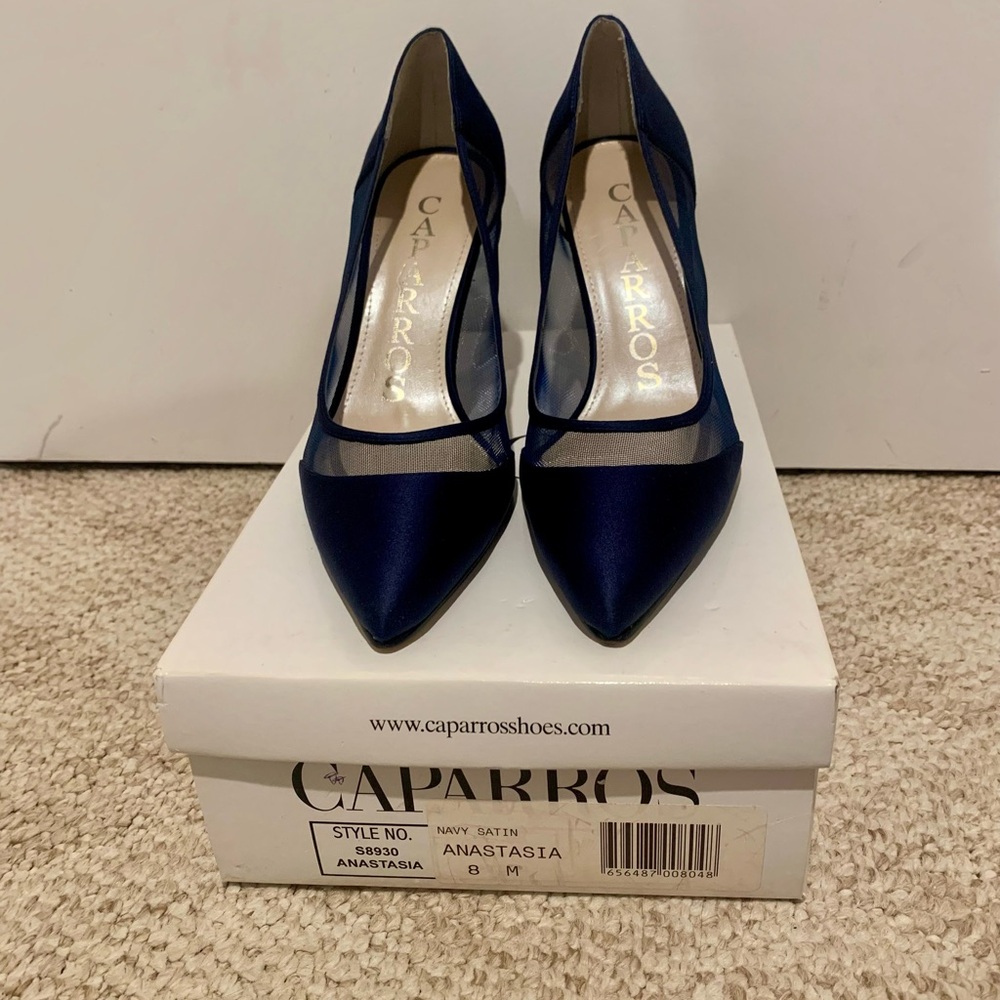 Caparros Navy Blue Satin Heels with Pointed Toe